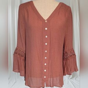 Indigo Rose NWT Terracotta Lace Sleeve V Neck Tunic Blouse Large
